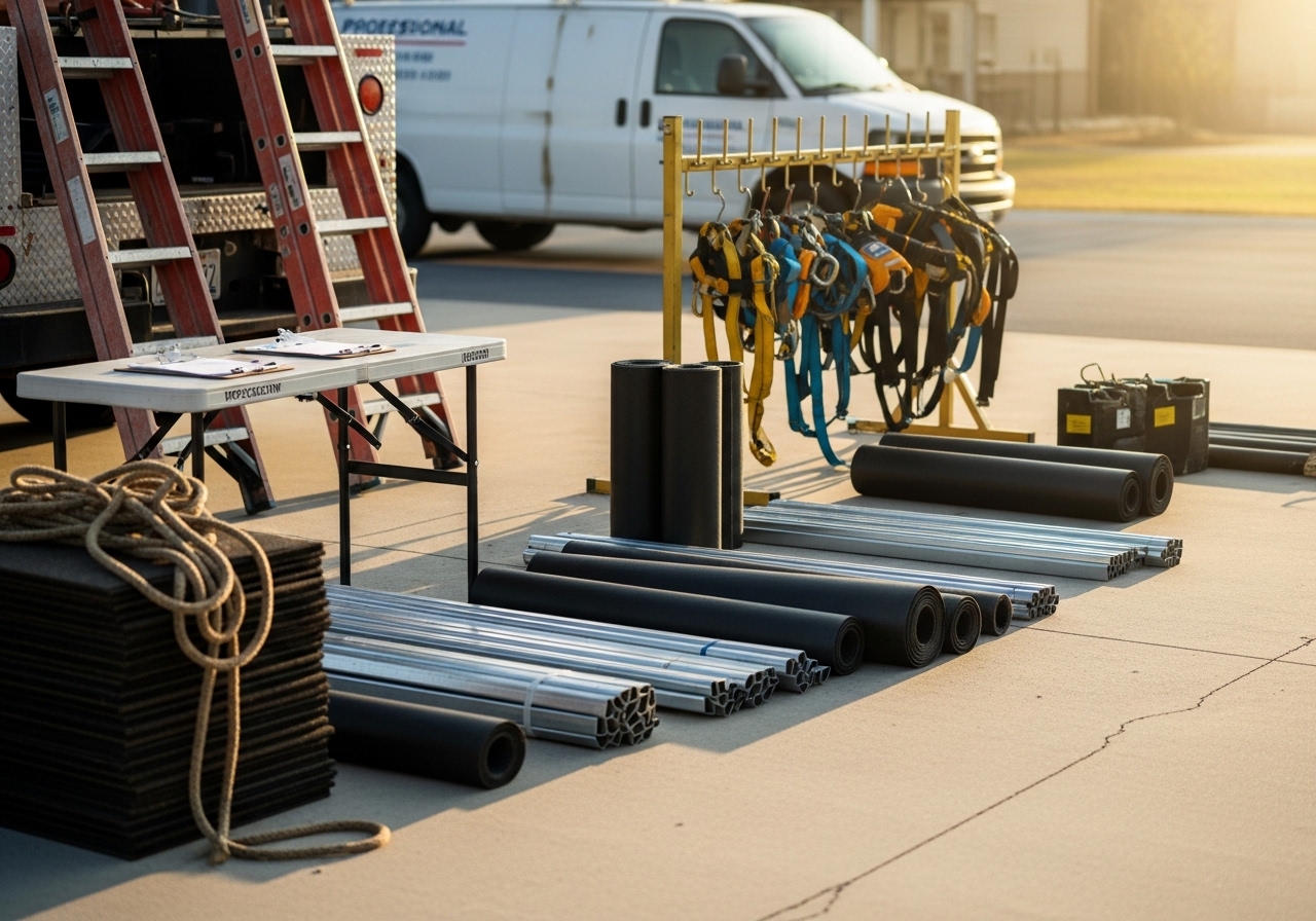 Roofing crew with tools and equipment on job site, ready for installation or inspection work.