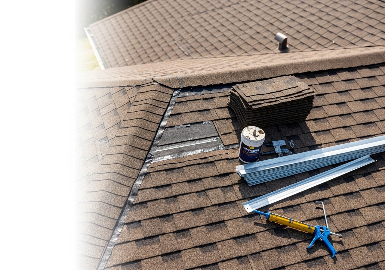 Roof repair and leak remediation work on residential home in Panama City with new shingles and sealed flashing