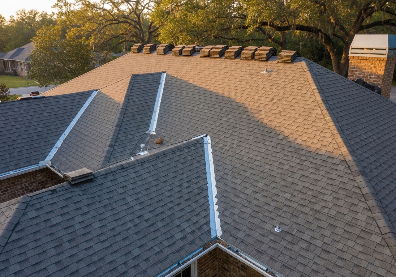 New architectural shingles installed on residential home in Tallahassee with completed flashing and soffit work
